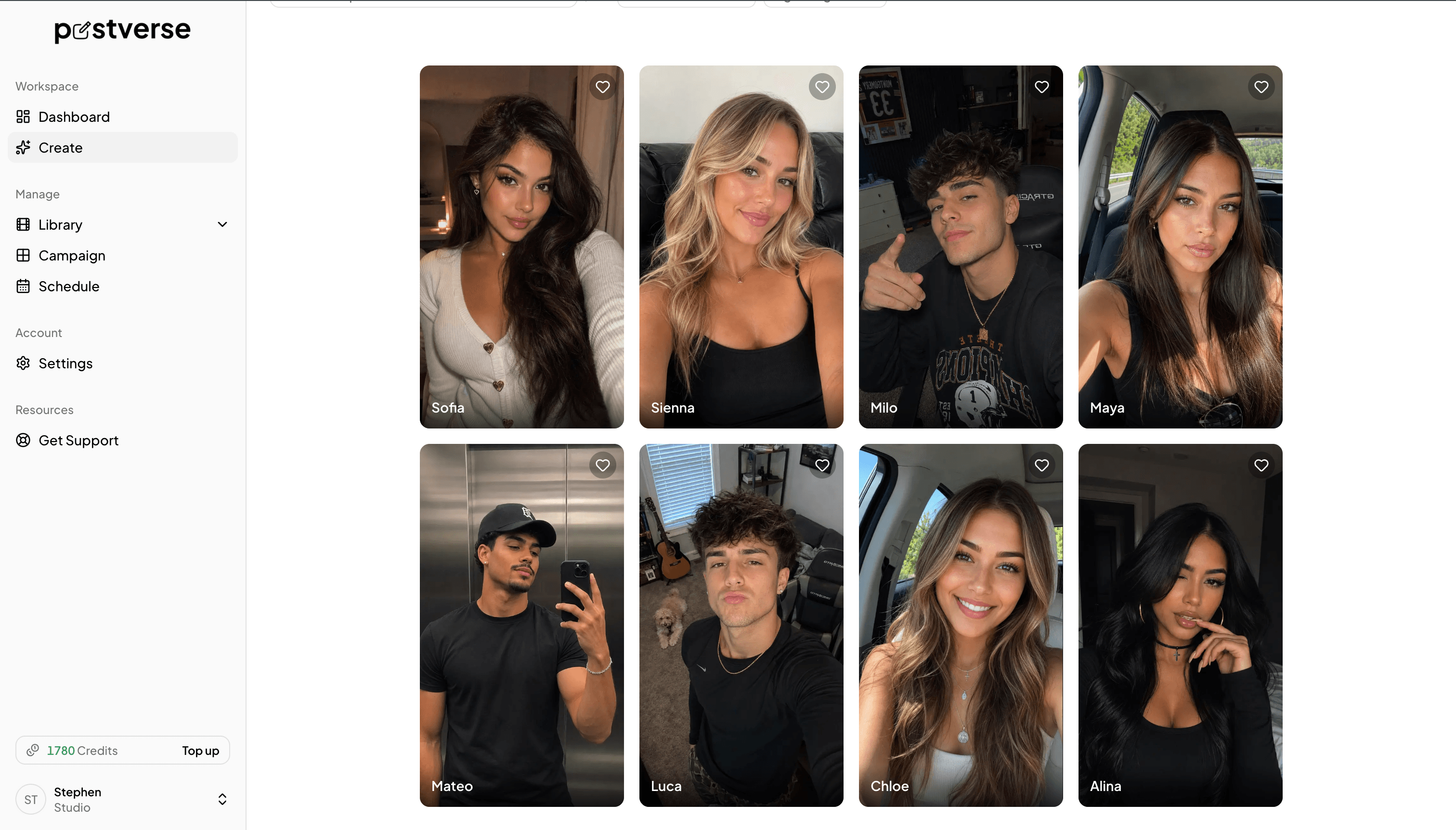 Postverse persona library showing a grid of diverse, licensed AI actors