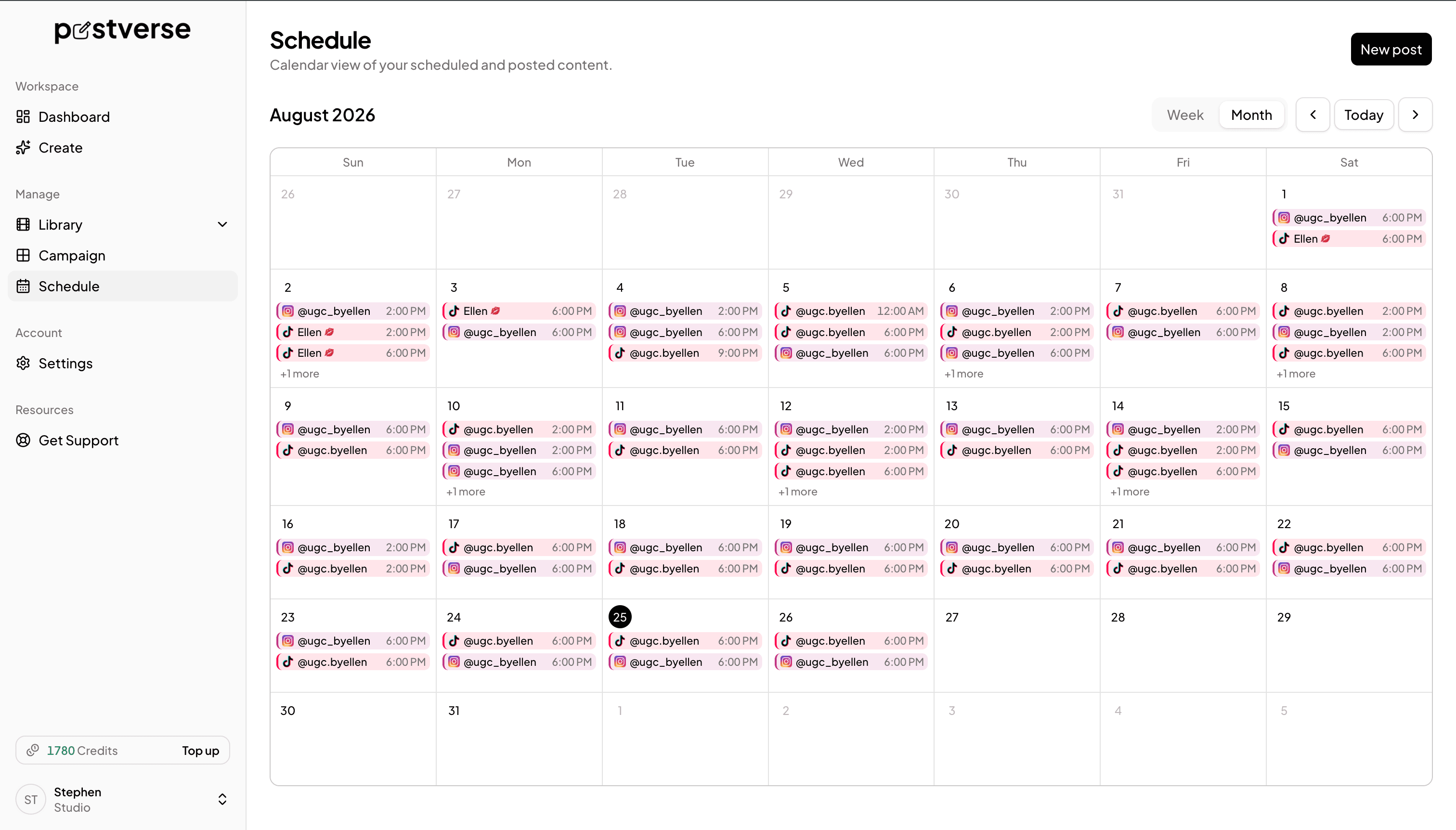 Postverse scheduling calendar with generated videos queued across TikTok, Reels and Shorts